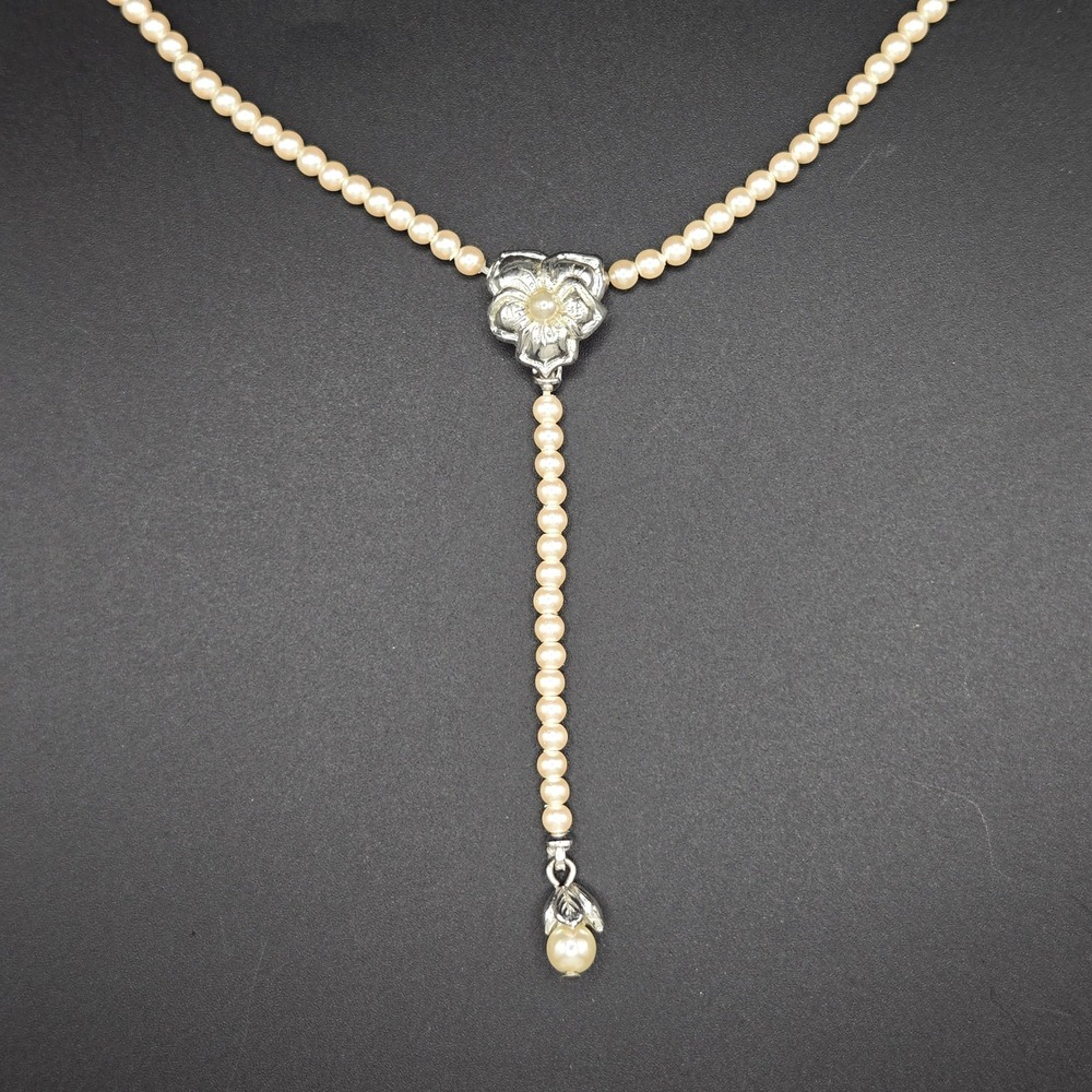Monet Vintage Faux Pearl Y-Drop Necklace Silver Tone Flower Accent Cream 4mm